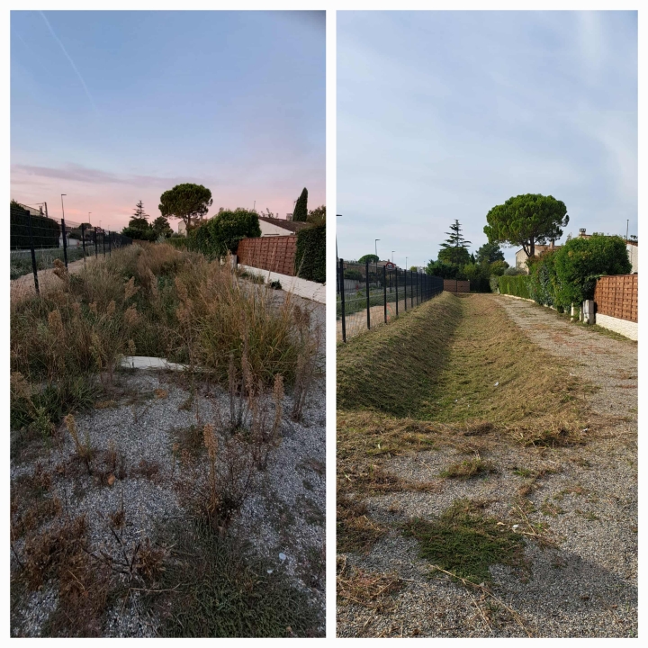 Avant et après nettoyage et remise en état d’un bassin de rétention réalisés par la SARL Jean-Marie Gonfond à Lagnes